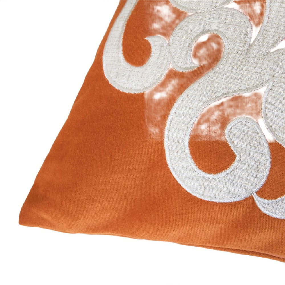 Dery Throw Pillow, Vintage Vine Accented Orange Velvet, 20 Inch Square - BM349728