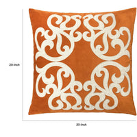 Dery Throw Pillow, Vintage Vine Accented Orange Velvet, 20 Inch Square - BM349728