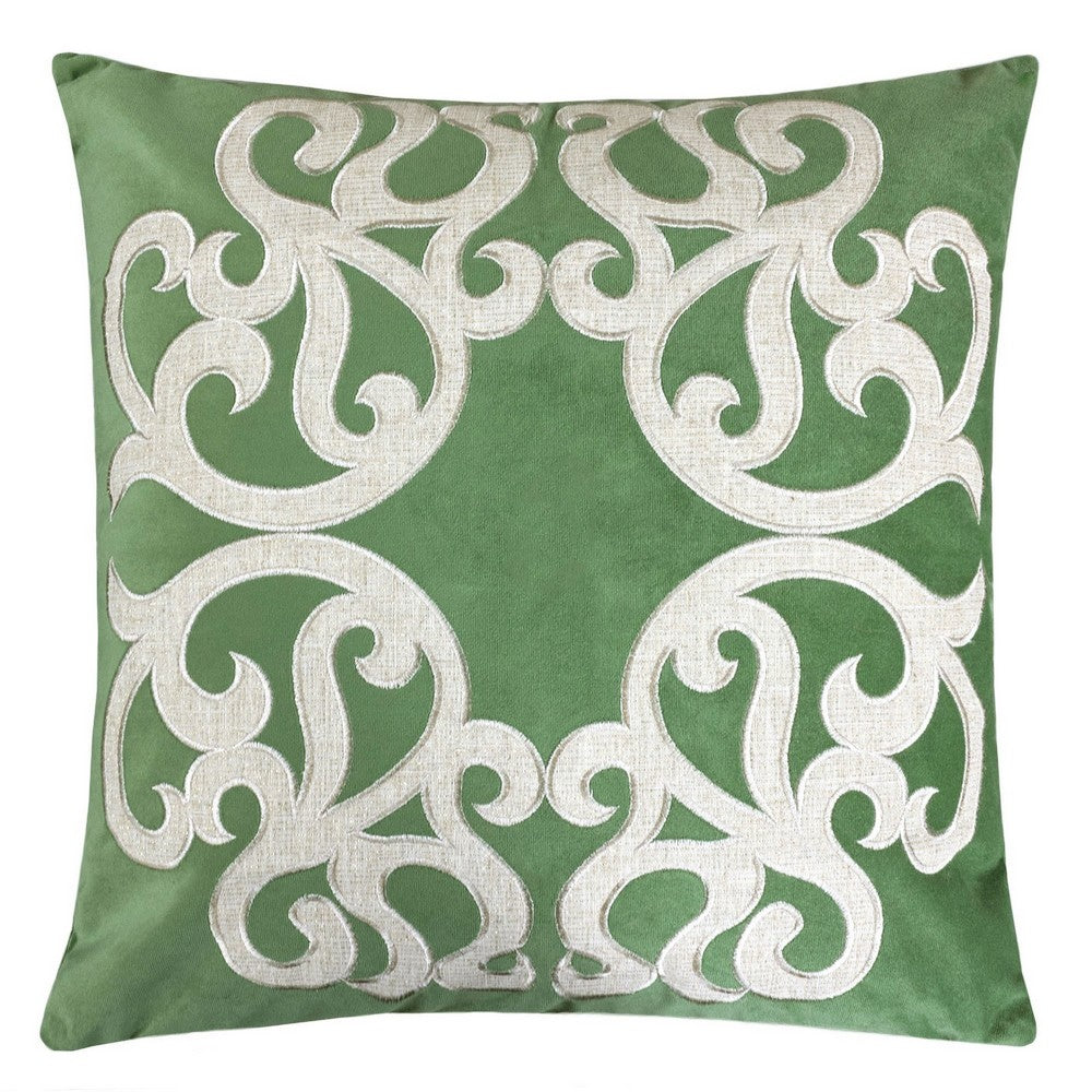 Dery Throw Pillow, Vintage Vine Accented Green Velvet, 20 Inch Square - BM349729