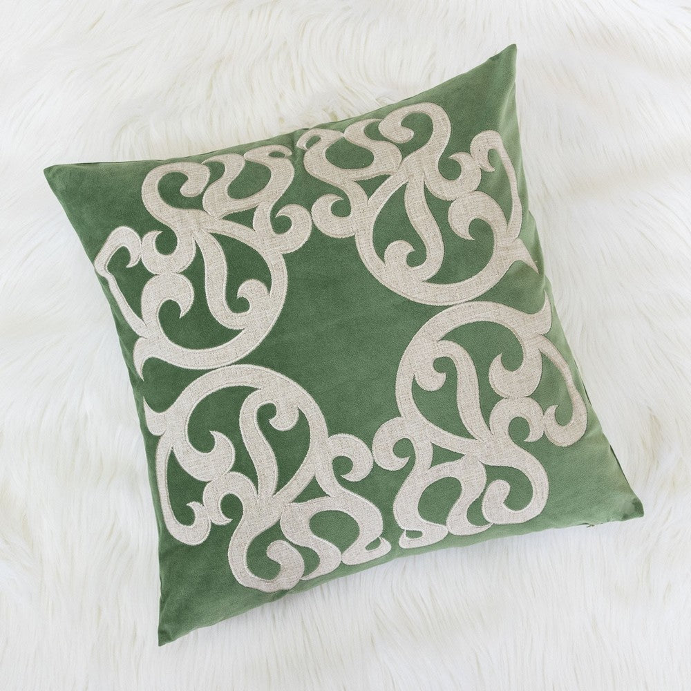 Dery Throw Pillow, Vintage Vine Accented Green Velvet, 20 Inch Square - BM349729