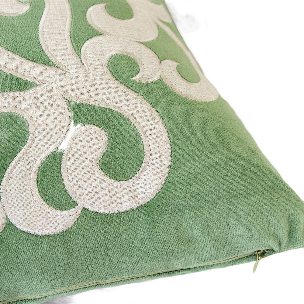 Dery Throw Pillow, Vintage Vine Accented Green Velvet, 20 Inch Square - BM349729
