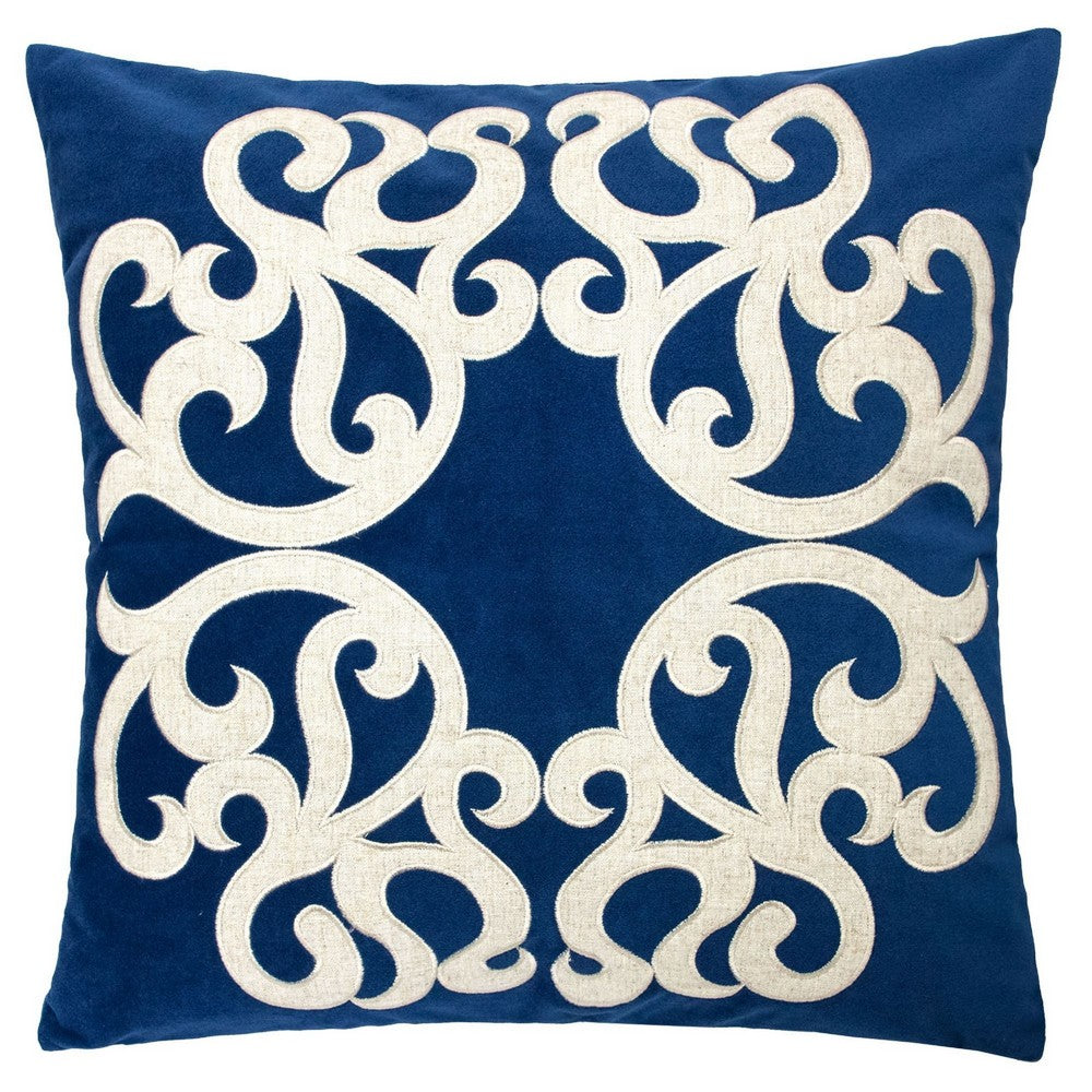 Dery Throw Pillow, Vintage Vine Accented Indigo Velvet, 20 Inch Square - BM349730