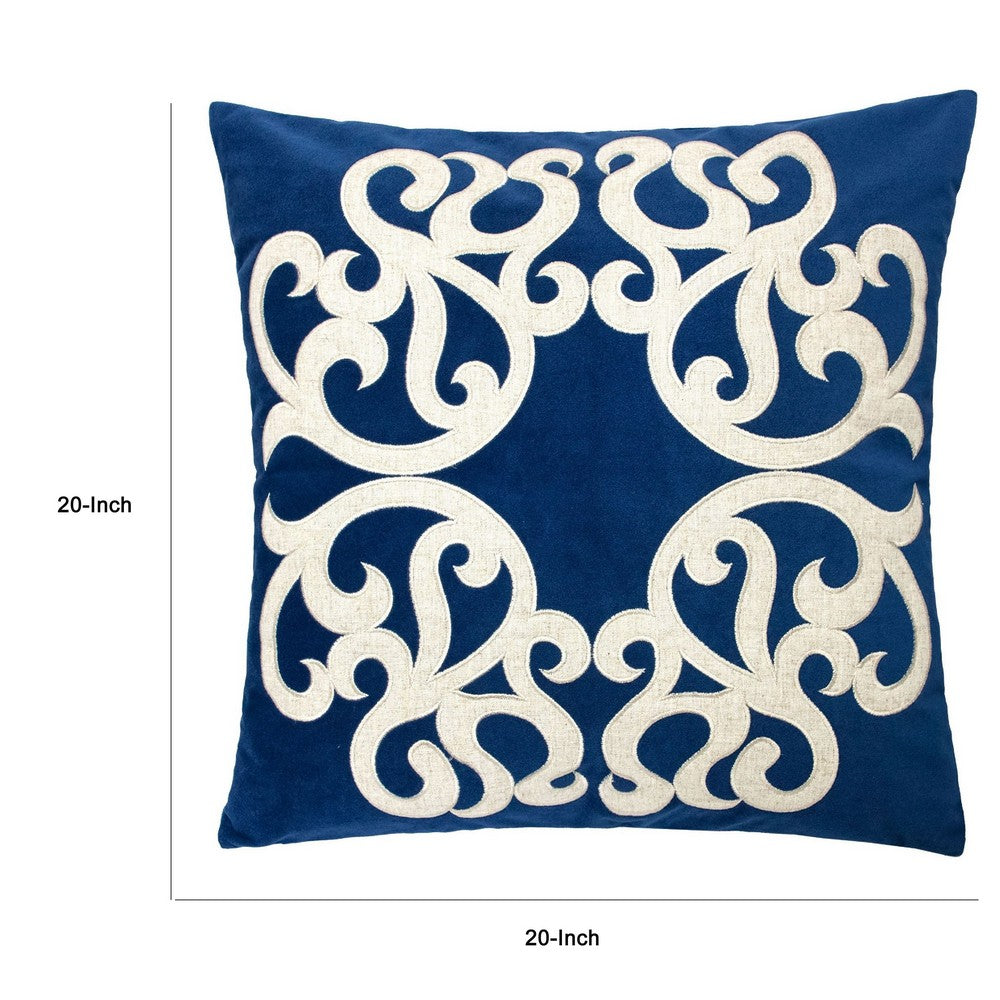 Dery Throw Pillow, Vintage Vine Accented Indigo Velvet, 20 Inch Square - BM349730