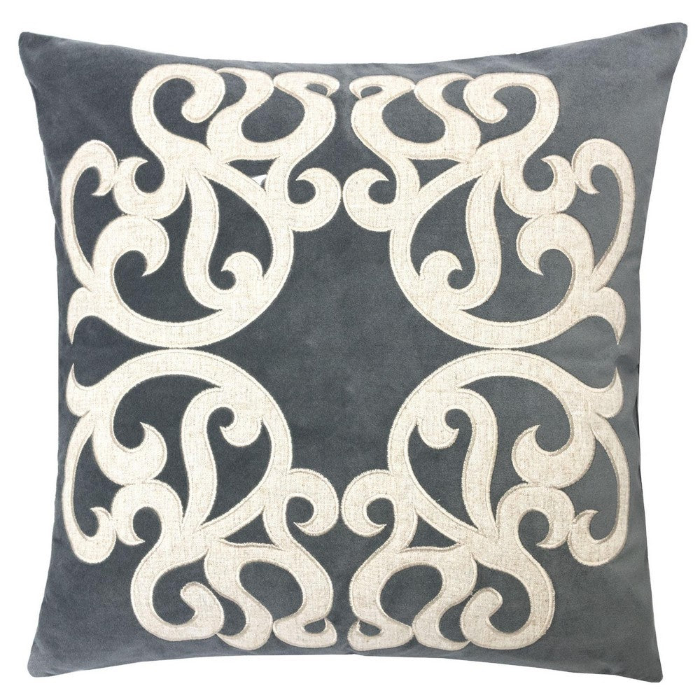 Dery Throw Pillow, Vintage Vine Accented Gray Velvet, 20 Inch Square - BM349731