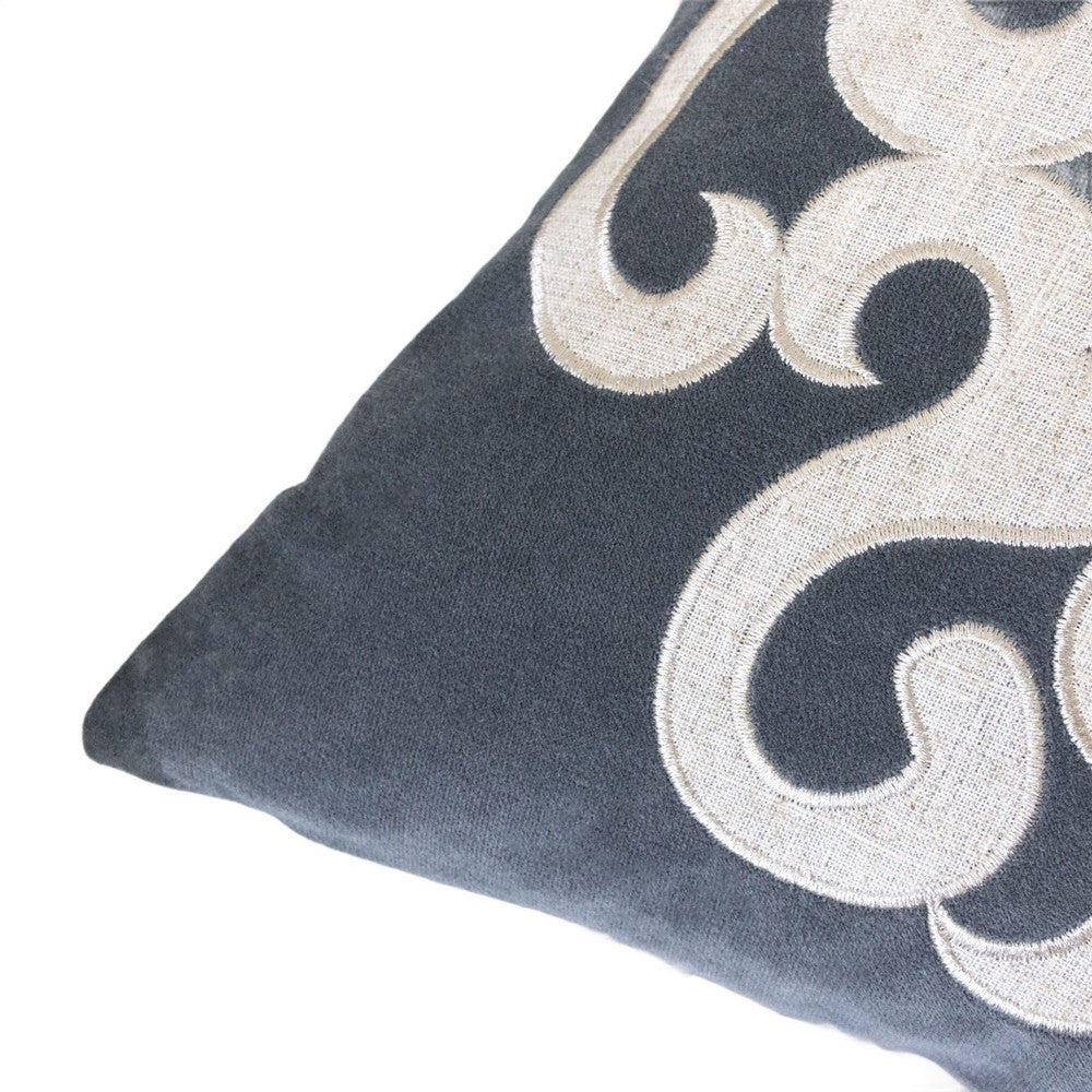 Dery Throw Pillow, Vintage Vine Accented Gray Velvet, 20 Inch Square - BM349731