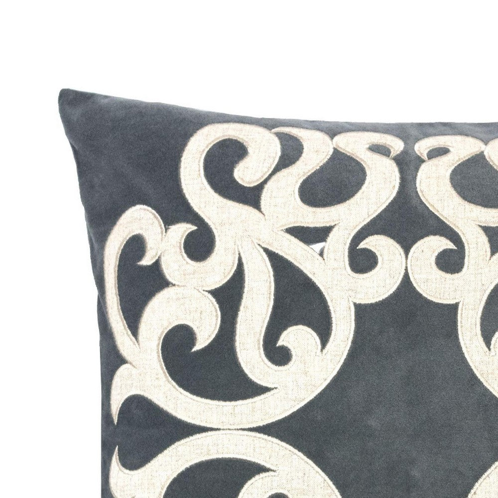 Dery Throw Pillow, Vintage Vine Accented Gray Velvet, 20 Inch Square - BM349731