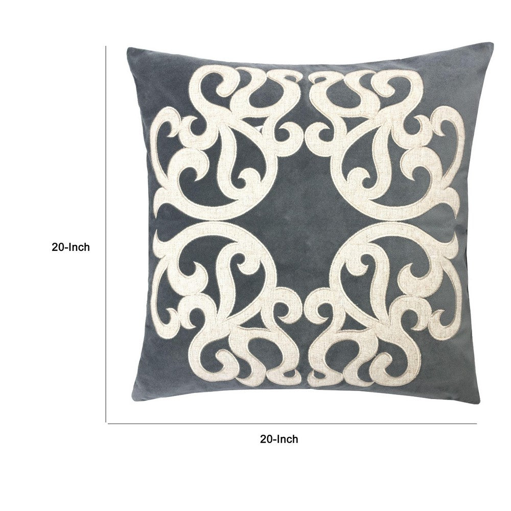 Dery Throw Pillow, Vintage Vine Accented Gray Velvet, 20 Inch Square - BM349731