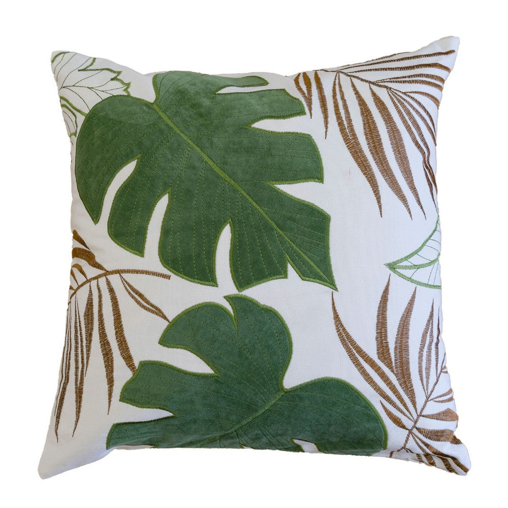 Lefy Accent Pillow, Green Autumn Leaf Design White Velvet, 20 Inch Square - BM349732