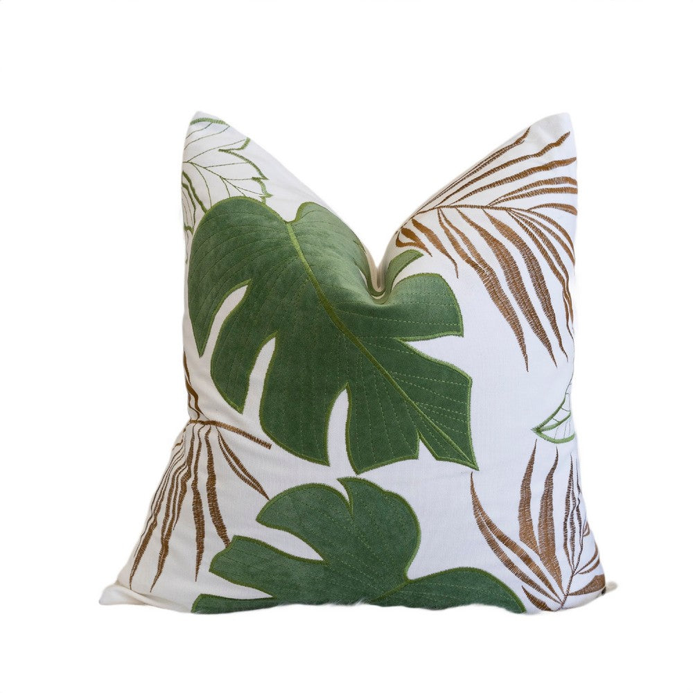 Lefy Accent Pillow, Green Autumn Leaf Design White Velvet, 20 Inch Square - BM349732