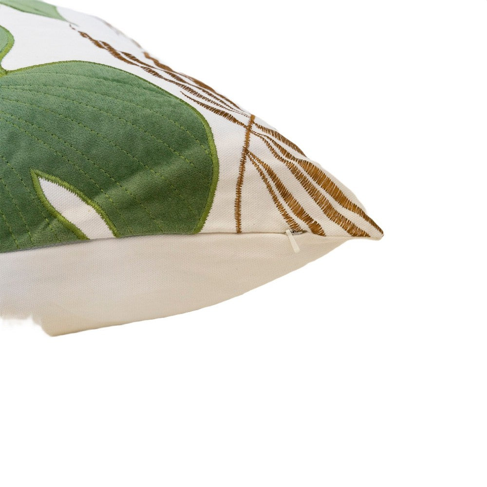 Lefy Accent Pillow, Green Autumn Leaf Design White Velvet, 20 Inch Square - BM349732