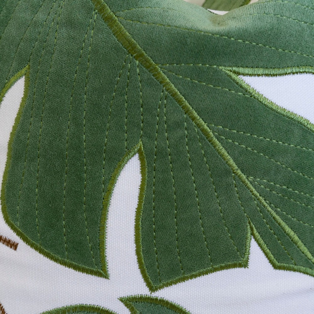 Lefy Accent Pillow, Green Autumn Leaf Design White Velvet, 20 Inch Square - BM349732