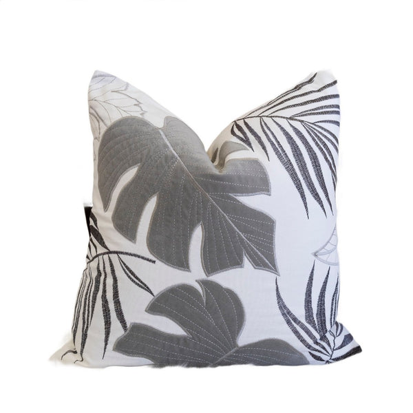 Lefy Accent Pillow, Gray Autumn Leaf Design on White Velvet, 20 Inch Square - BM349733
