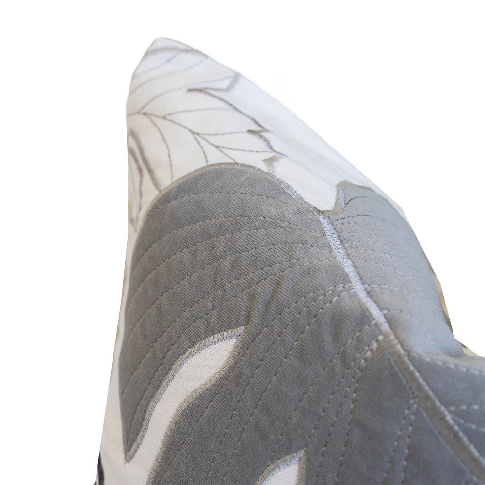 Lefy Accent Pillow, Gray Autumn Leaf Design on White Velvet, 20 Inch Square - BM349733