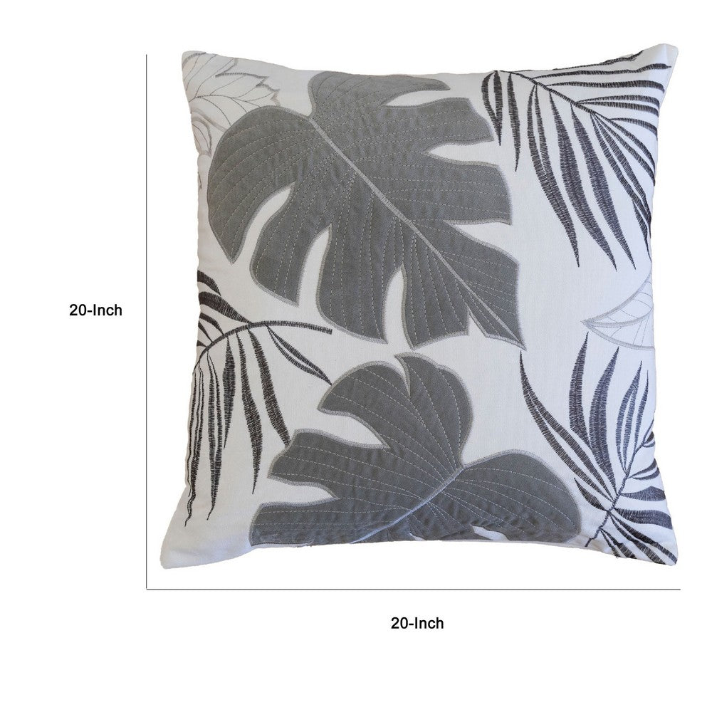 Lefy Accent Pillow, Gray Autumn Leaf Design on White Velvet, 20 Inch Square - BM349733