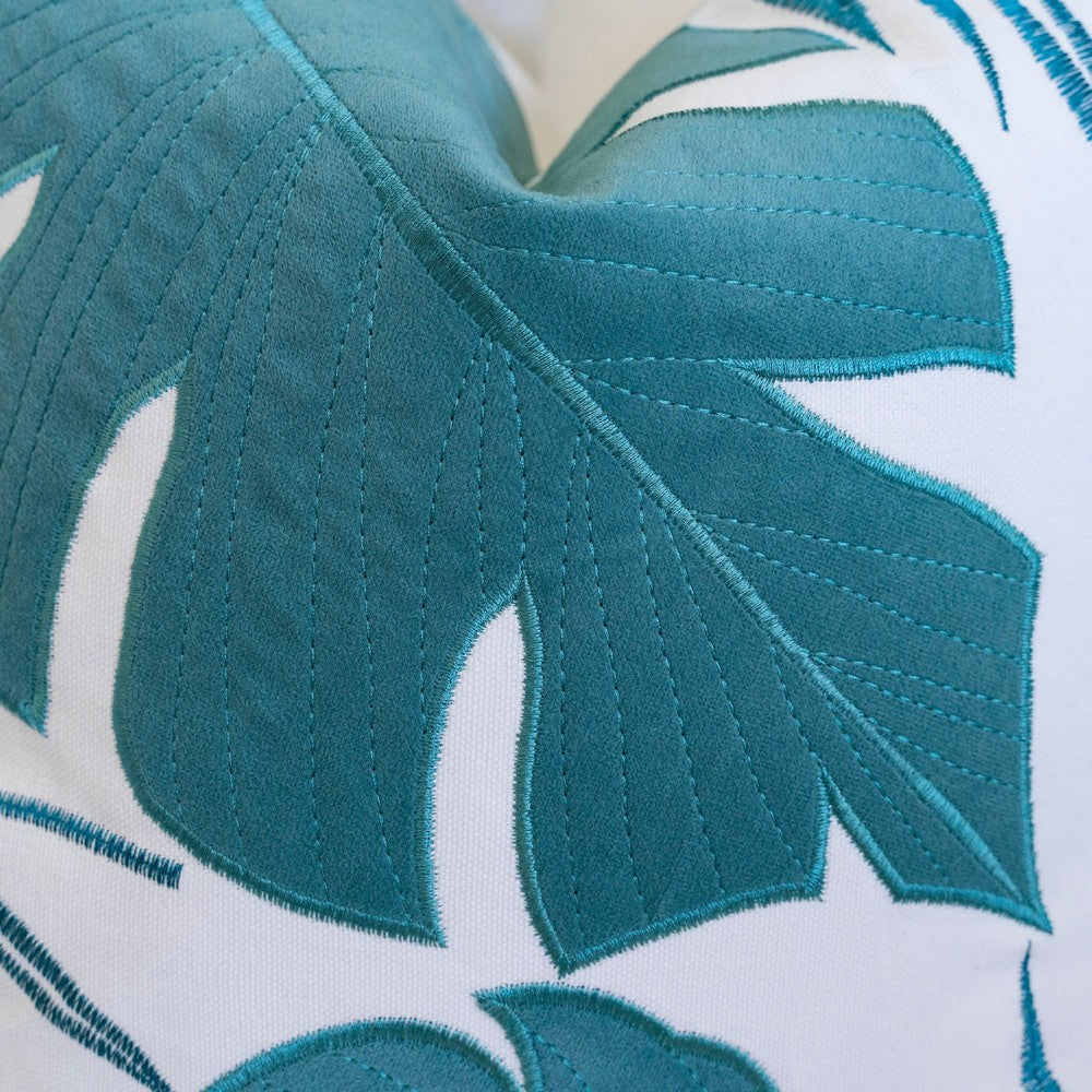 Lefy Accent Pillow, Blue Autumn Leaf Design on White Velvet, 20 Inch Square - BM349734