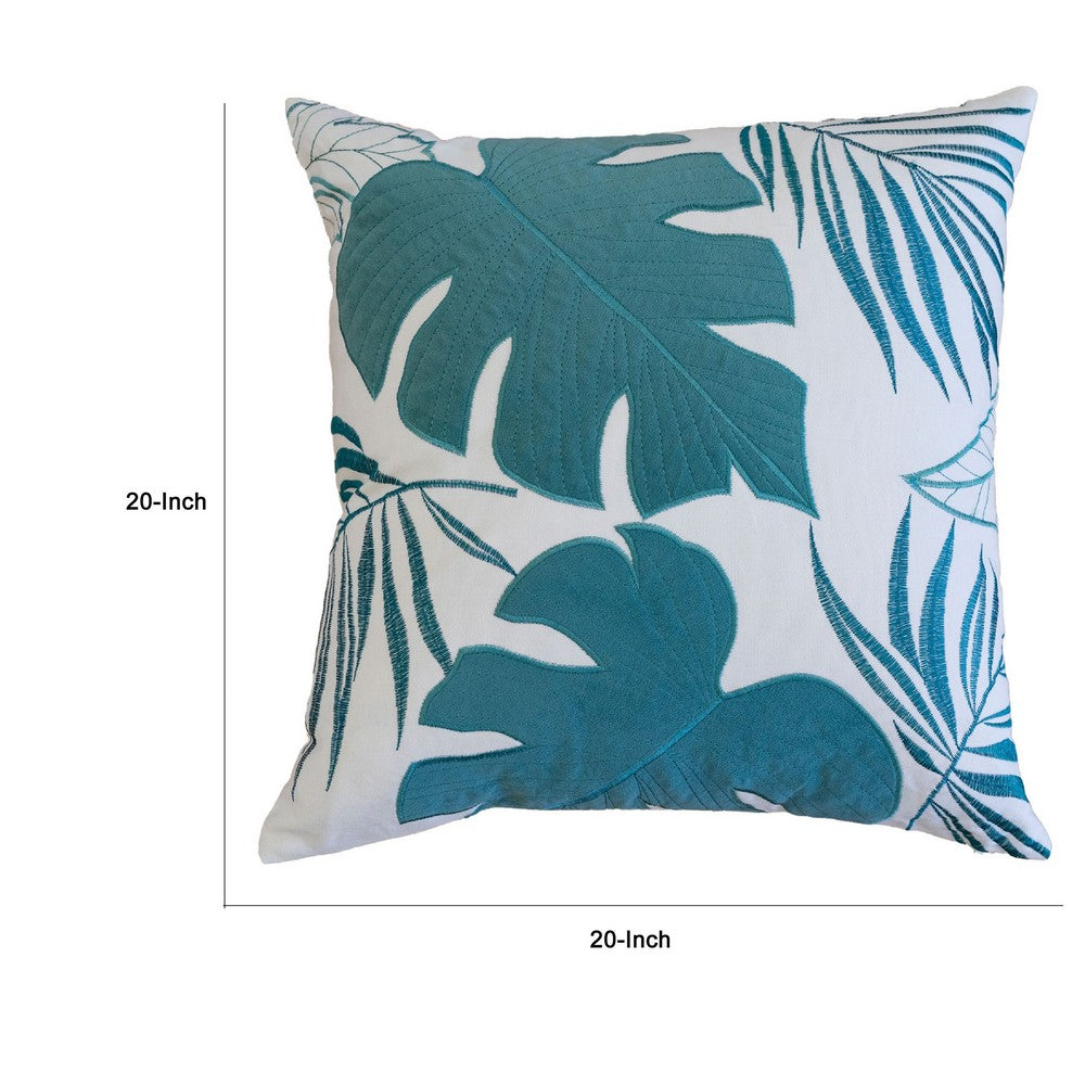Lefy Accent Pillow, Blue Autumn Leaf Design on White Velvet, 20 Inch Square - BM349734