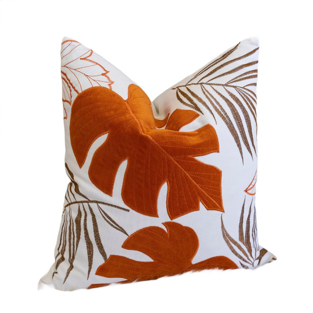Lefy Accent Pillow, Orange Autumn Leaf Design on White Velvet, 20 Inch Square - BM349735