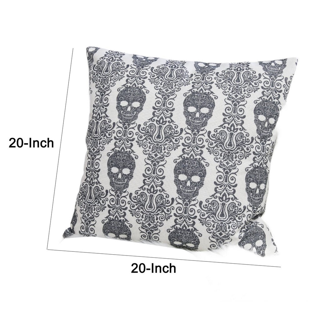 Ary Square Throw Pillow, Black and White Gothic Damask Skull Design, 20 Inch - BM349740