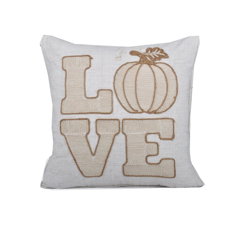 Decorative Throw Pillow, Love Pumpkin Beige Linen Embroidery, 20 Inch Square - BM349742