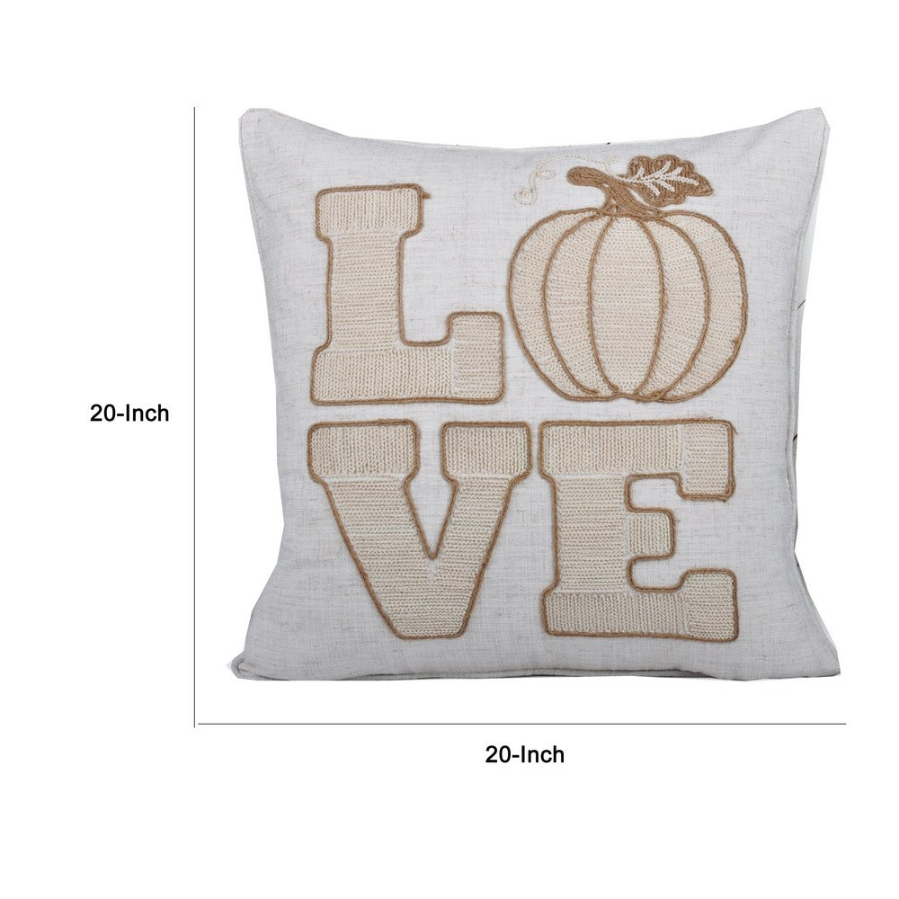 Decorative Throw Pillow, Love Pumpkin Beige Linen Embroidery, 20 Inch Square - BM349742