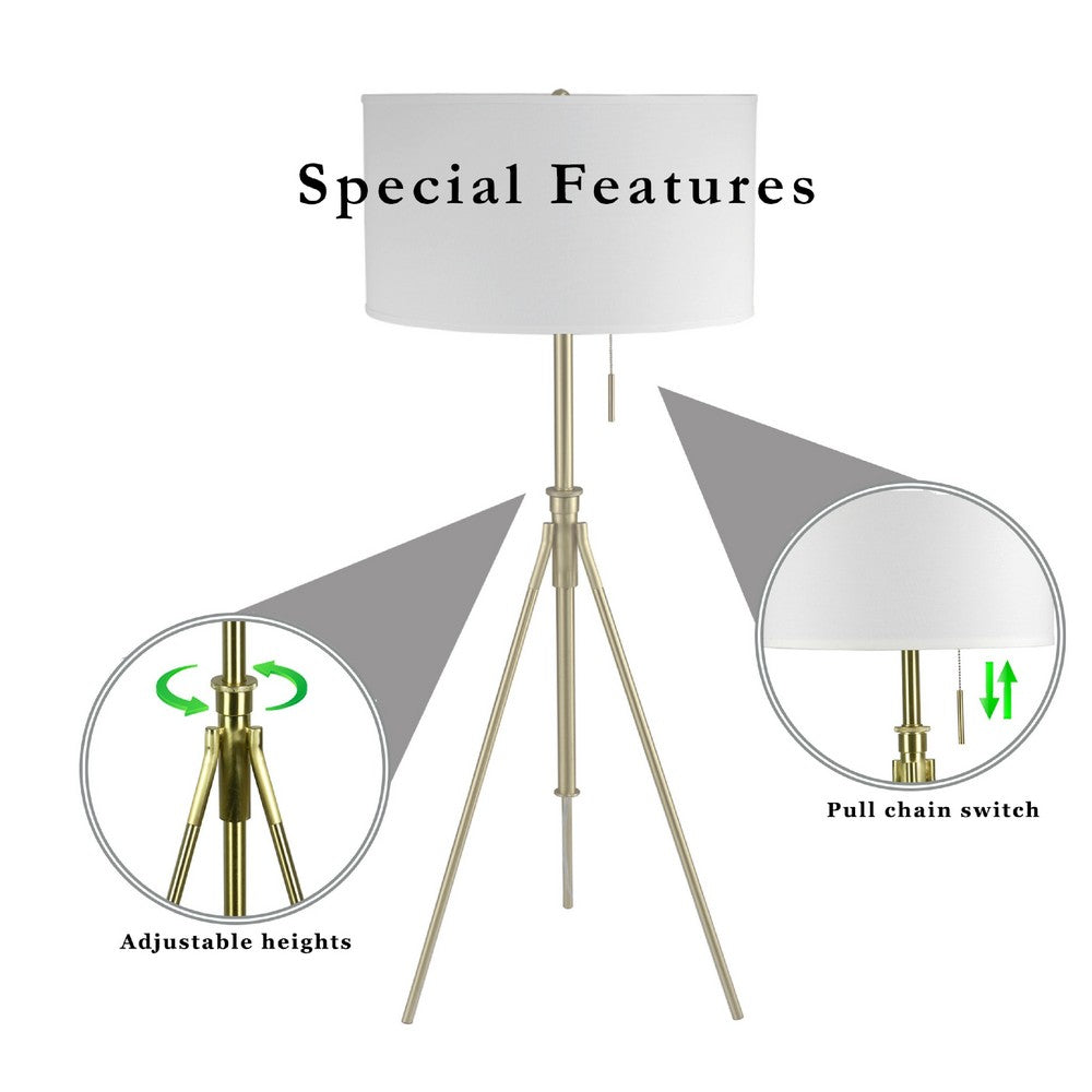 Simi Floor Lamp, Adjustable Tripod, White Linen Shade, Nickel Metal - BM349746