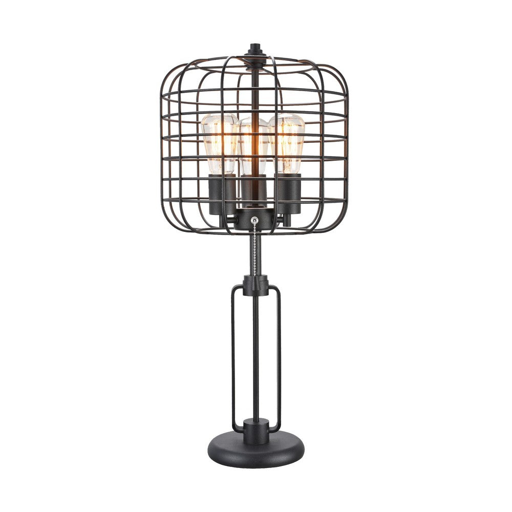 Emon 3 Bulb Table Lamp w USB, Black Metal Industrial Cage Shade - BM349750