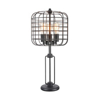 Emon 3 Bulb Table Lamp w USB, Black Metal Industrial Cage Shade - BM349750