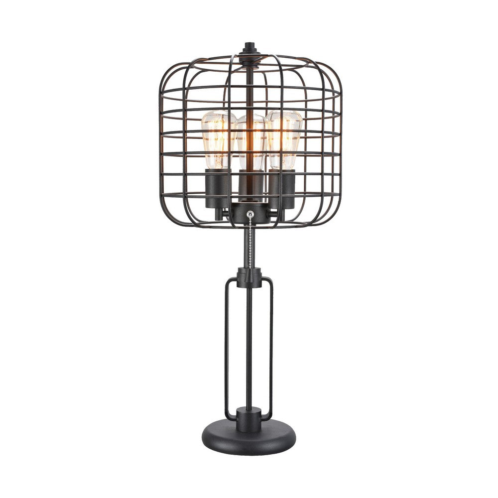 Emon 3 Bulb Table Lamp w USB, Black Metal Industrial Cage Shade - BM349750