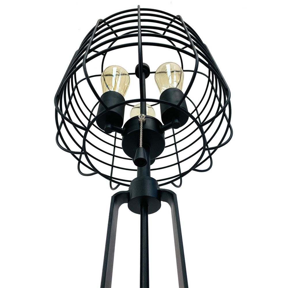 Emon 3 Bulb Table Lamp w USB, Black Metal Industrial Cage Shade - BM349750