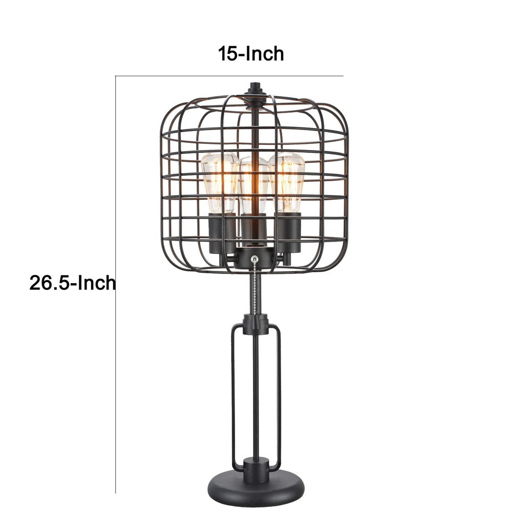 Emon 3 Bulb Table Lamp w USB, Black Metal Industrial Cage Shade - BM349750
