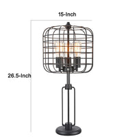 Emon 3 Bulb Table Lamp w USB, Black Metal Industrial Cage Shade - BM349750