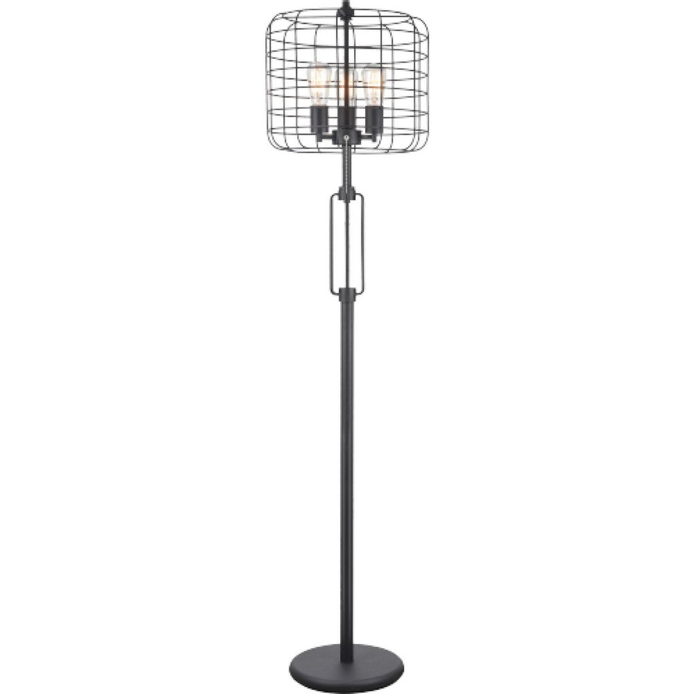 Emon 3 Bulb Floor Lamp, Matte Black Metal Industrial Cage Shade - BM349751