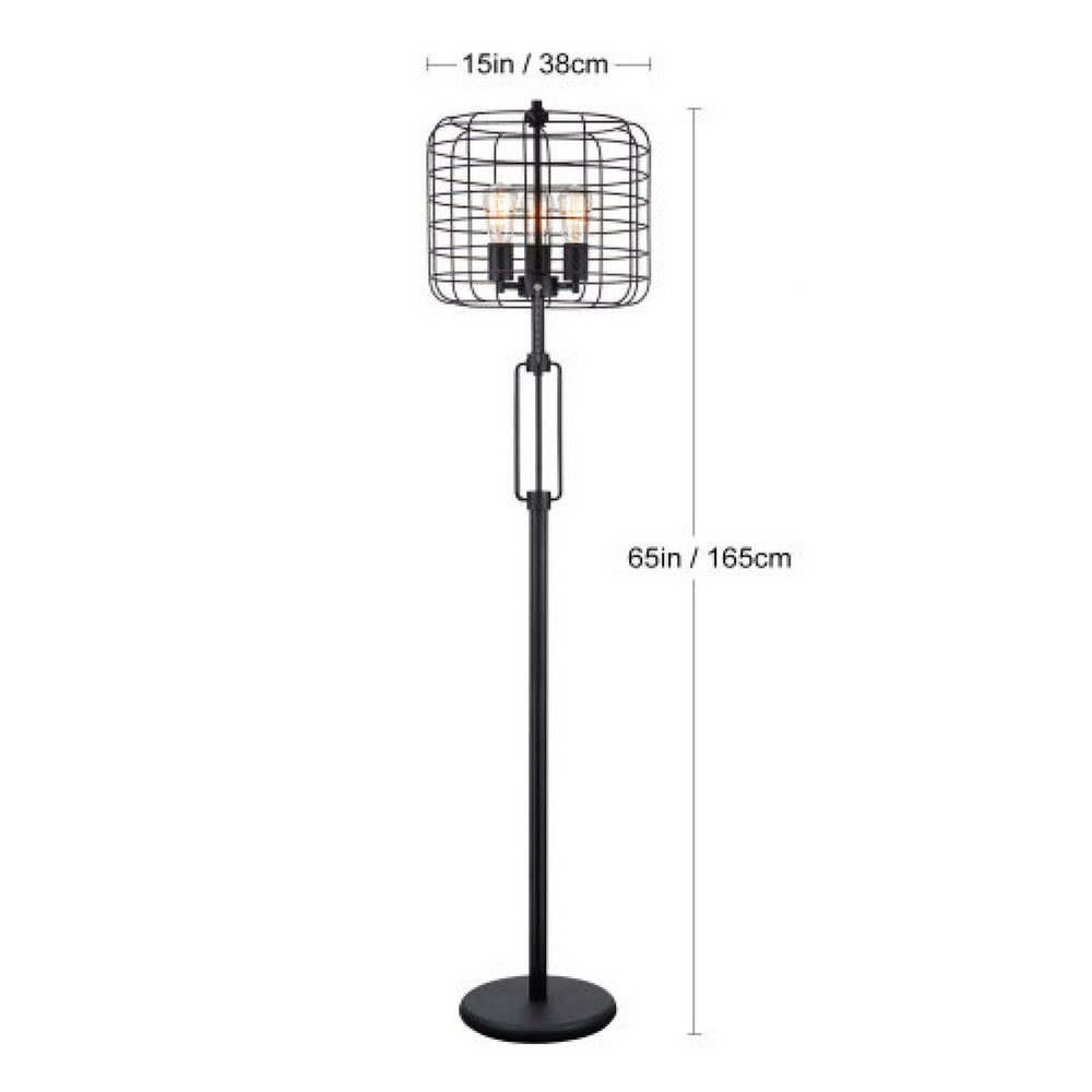 Emon 3 Bulb Floor Lamp, Matte Black Metal Industrial Cage Shade - BM349751