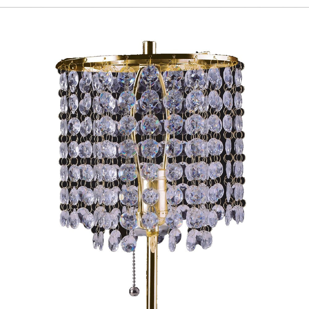 Table Lamp, Hanging Crystal Bead Shade, Pull String Switch, Gold Metal - BM349754
