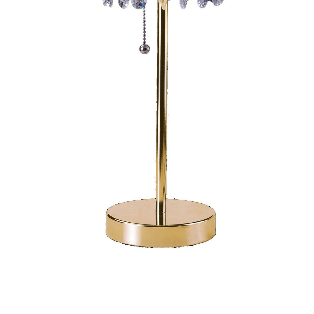 Table Lamp, Hanging Crystal Bead Shade, Pull String Switch, Gold Metal - BM349754
