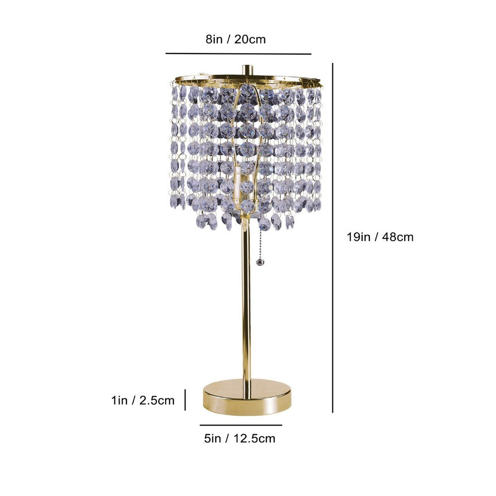 Table Lamp, Hanging Crystal Bead Shade, Pull String Switch, Gold Metal - BM349754