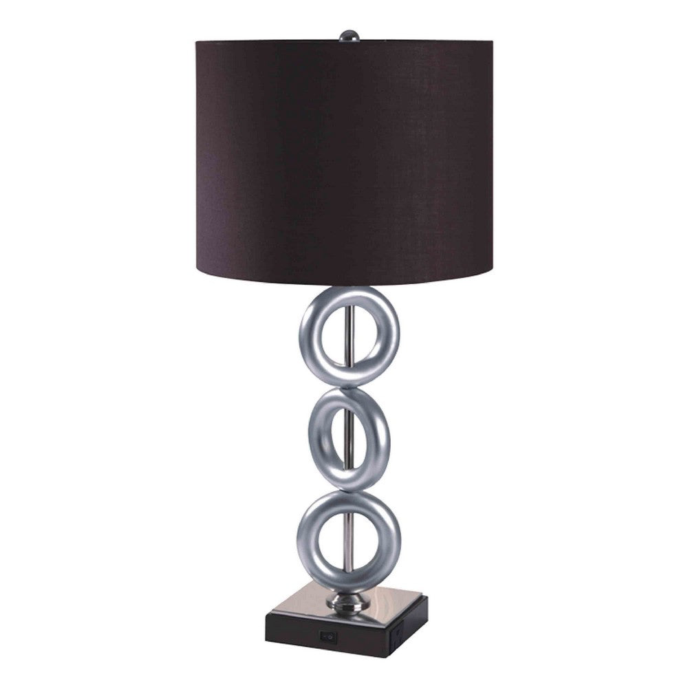 Table Lamp Set of 2, Brown Fabric Shades, 3 Ring Design, Silver Metal - BM349758
