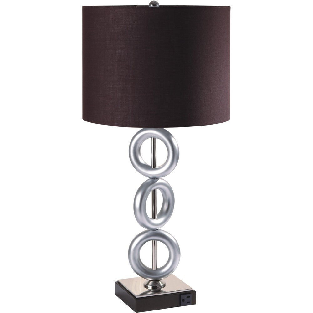 Table Lamp Set of 2, Brown Fabric Shades, 3 Ring Design, Silver Metal - BM349758