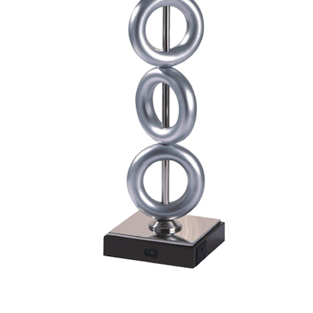 Table Lamp Set of 2, Brown Fabric Shades, 3 Ring Design, Silver Metal - BM349758