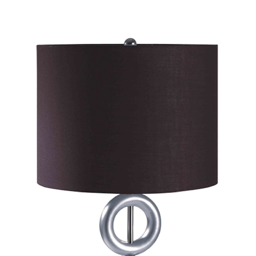Table Lamp Set of 2, Brown Fabric Shades, 3 Ring Design, Silver Metal - BM349758