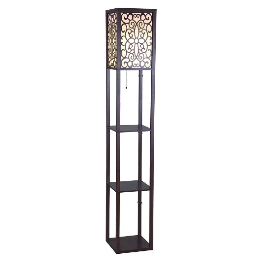 Corner Floor Lamp, 3 Shelves, Floral Carved White Fabric Shade, Brown Wood - BM349759