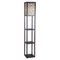 Corner Floor Lamp, 3 Shelves, Floral Carved White Fabric Shade, Brown Wood - BM349759