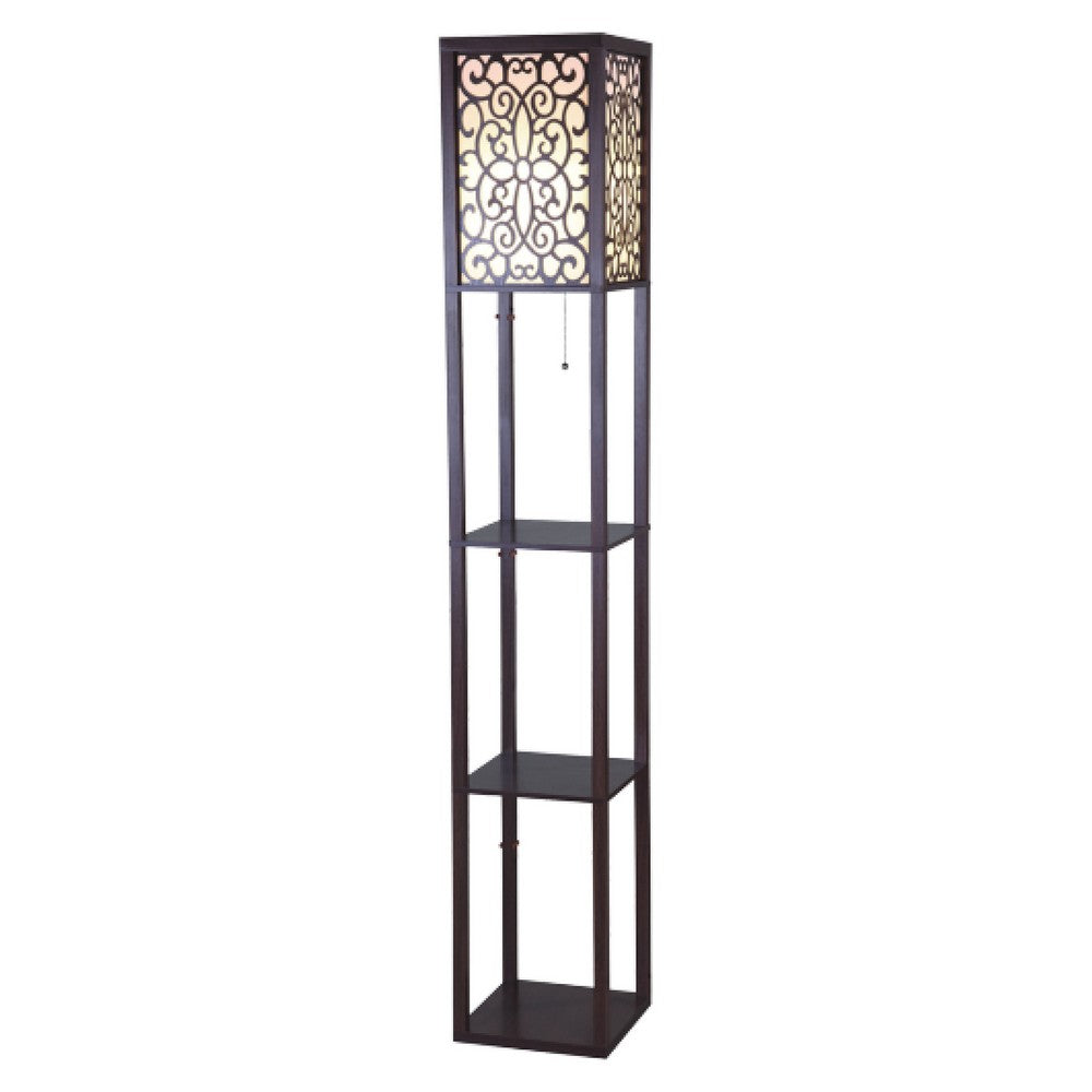 Corner Floor Lamp, 3 Shelves, Floral Carved White Fabric Shade, Brown Wood - BM349759