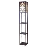 Corner Floor Lamp, 3 Shelves, Floral Carved White Fabric Shade, Brown Wood - BM349759