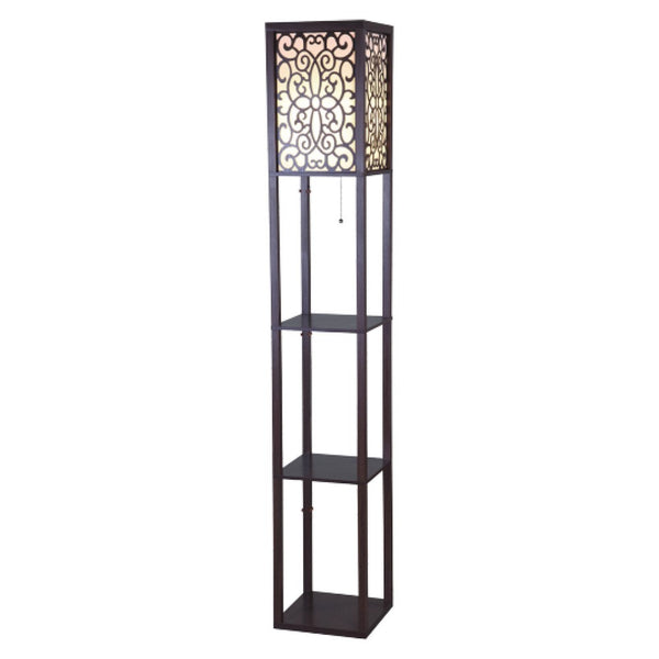 Corner Floor Lamp, 3 Shelves, Floral Carved White Fabric Shade, Brown Wood - BM349759