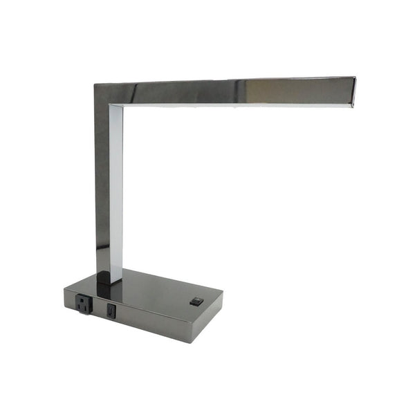 L Shaped LED Desk Lamp, USB and Power Outlet, Rocker Switch, Chrome Metal - BM349762