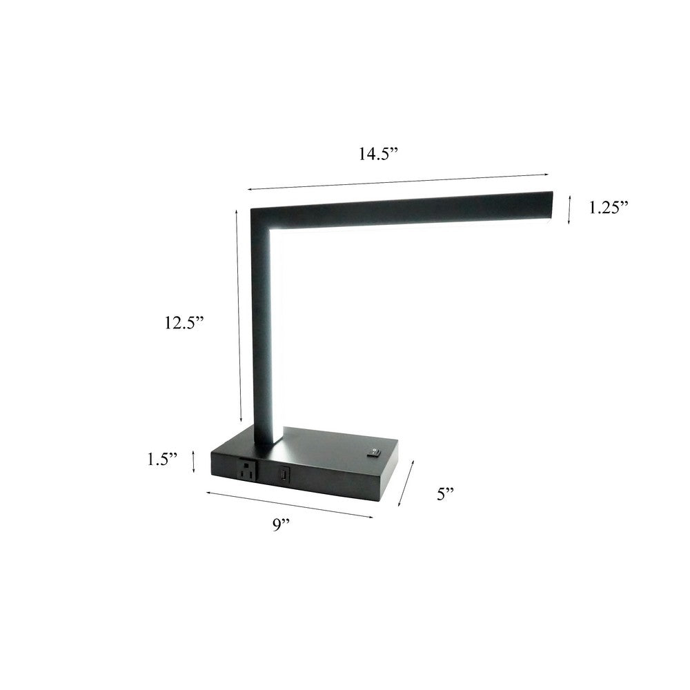 L Shaped LED Desk Lamp, USB and Power Outlet, Rocker Switch, Chrome Metal - BM349762