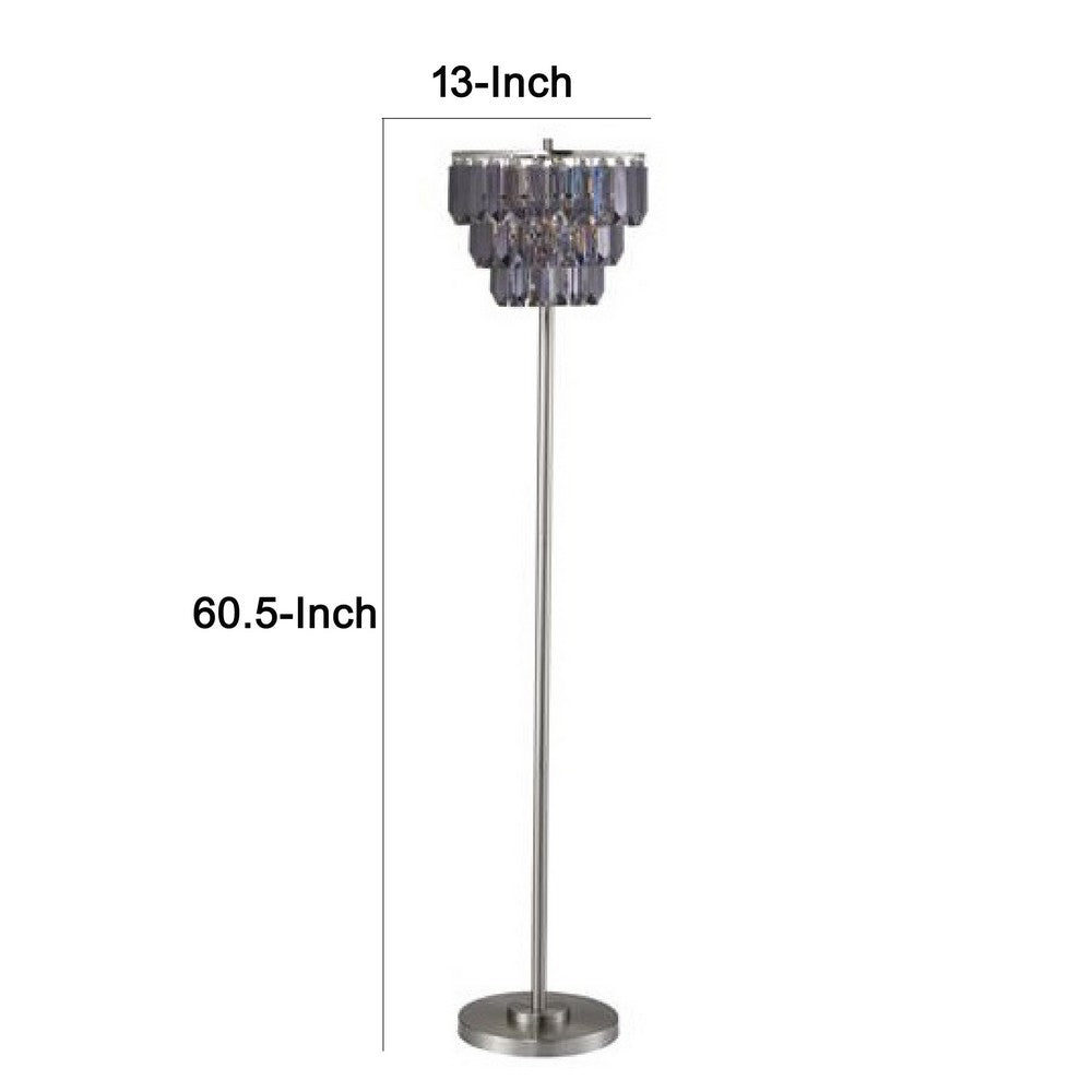 Floor Lamp with 3 Tier Smoke Gray Crystal Shade, 61 Inch Chrome Metal - BM349768