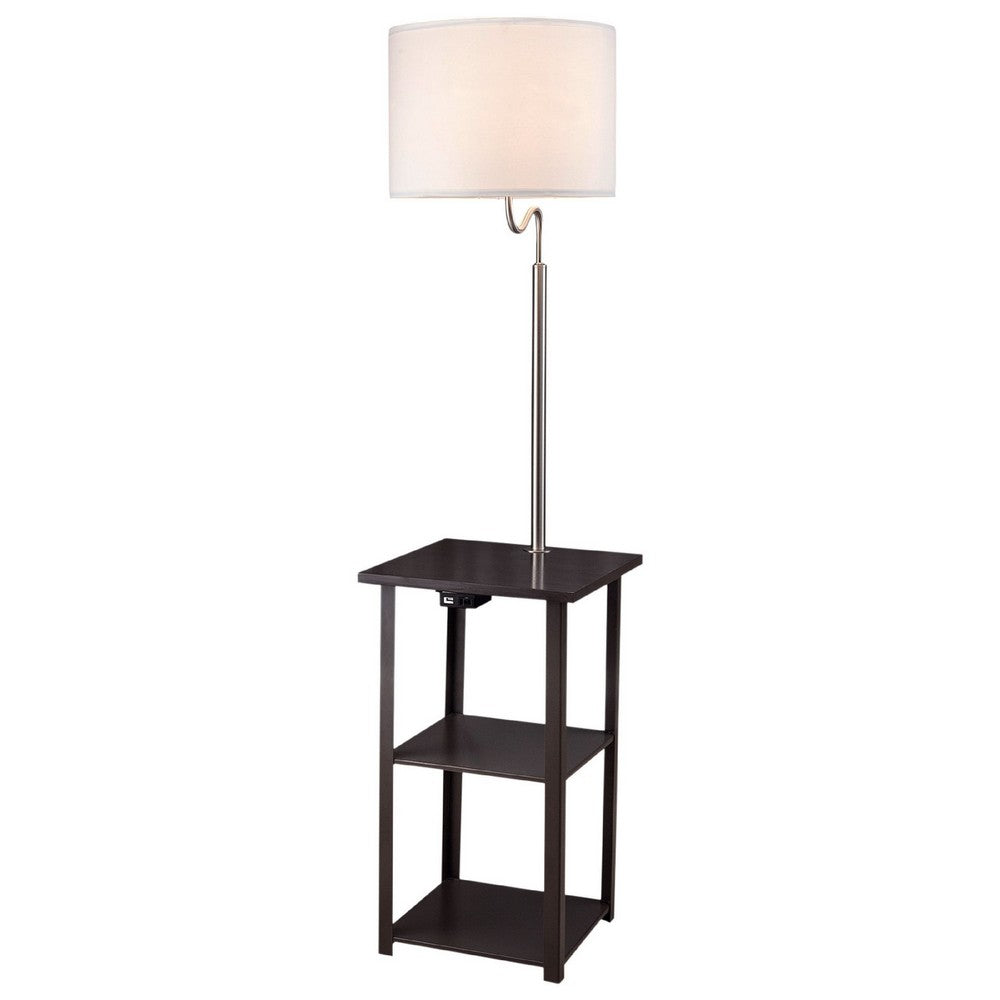 Accent Table Lamp with Shelves and USB Ports, 58 Inch, White Drum Shade - BM349779