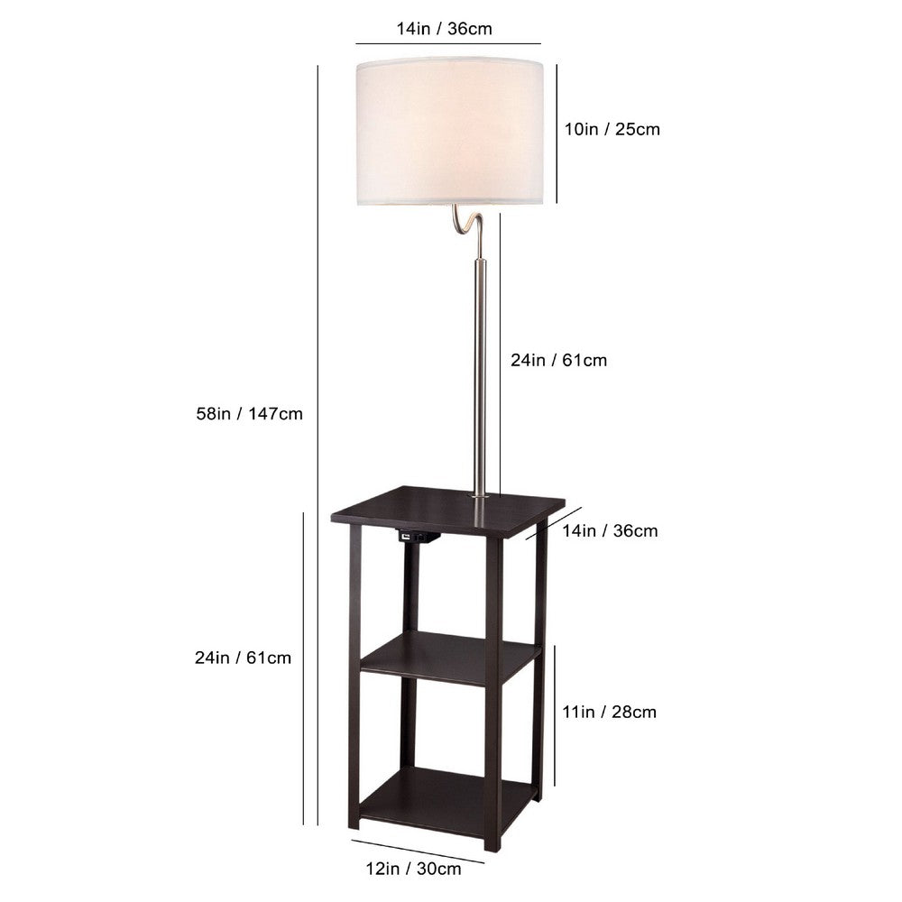 Accent Table Lamp with Shelves and USB Ports, 58 Inch, White Drum Shade - BM349779